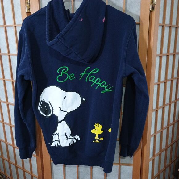 Peanuts Snoopy Woodstock Hoodie XS Navy Be Happy Graphic Pullover Freeze 2024 - Picture 3 of 13